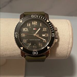 Tommy Hilfiger Men’s Olive Green Silicone Strap Watch with Black Dial